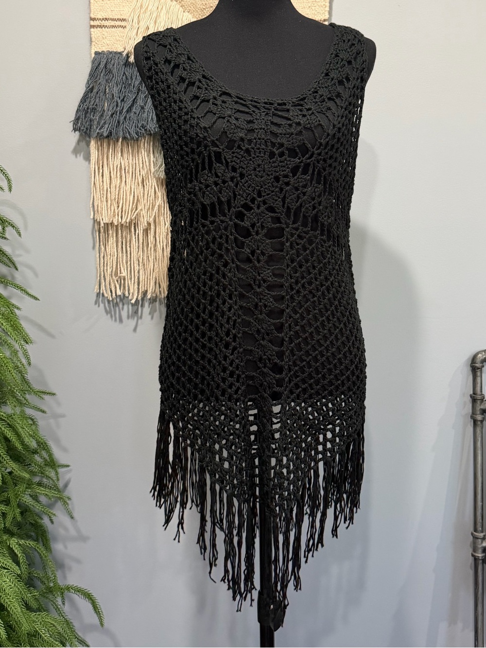 Boho Crochet Swim Cover Up Black Fringe Open Knit Beach Dress OS Festival Resort
